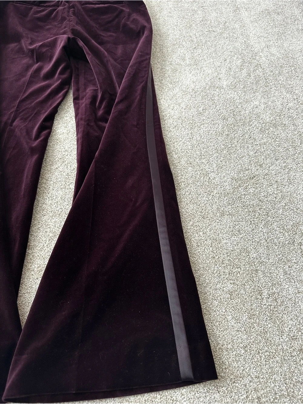 Reiss Elia Burgundy Velvet Satin Stripe Flared Wide Leg Trousers Size 4